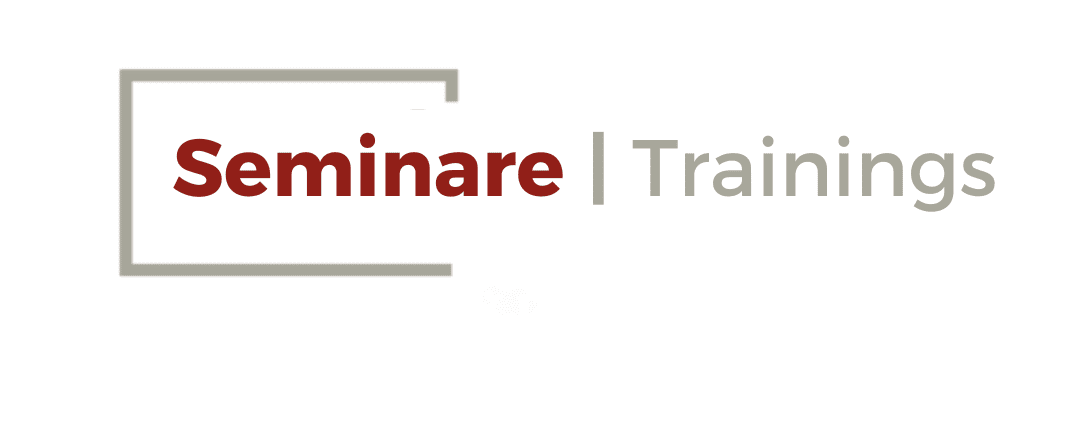Das Bild zeigt „Seminare | Trainings“ in minimalistischem Design. „Seminare“, eingerahmt von einem quadratischen Umriss, ist in kräftigem Rot gehalten und bildet einen Kontrast zum hellgrauen „Trainings“. Dieses Design ist ideal für alle, die ein Kommunikationstraining suchen, denn es fängt die Essenz effektiver Präsentationsfähigkeiten ein.
