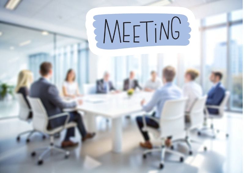 In einem hellen Büro sitzt eine Gruppe von Menschen um einen Konferenztisch und moderiert gekonnt das lebhafte Meeting. Am oberen Bildrand steht in großen, verspielten Lettern „Meeting“.