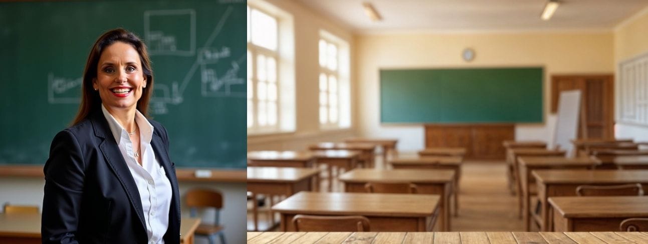 Eine Frau im Anzug steht lächelnd in einem Klassenraum und verkörpert die Prinzipien von „Train the Trainer“. Links positioniert, mit einer grünen Tafel im Rücken, erweckt sie nachhaltige Wissensvermittlung zum Leben. Auf der rechten Seite ist ein leerer Klassenraum mit Holztischen und -stühlen zu sehen. Eine Frau im Anzug steht lächelnd in einem Klassenraum und verkörpert die Prinzipien von „Train the Trainer“. Links positioniert, mit einer grünen Tafel im Rücken, erweckt sie nachhaltige Wissensvermittlung zum Leben. Auf der rechten Seite ist ein leerer Klassenraum mit Holztischen und -stühlen zu sehen.