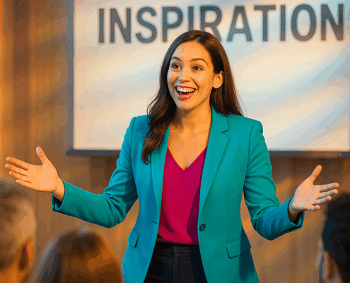 Eine Frau in einem blaugrünen Blazer und einem magentafarbenen Oberteil spricht energisch zu einem Publikum und verwendet dabei Techniken, um das Publikum zu begeistern, während sie vor einem Bildschirm steht, auf dem das Wort „INSPIRATION“ angezeigt wird.