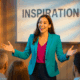 Eine Frau in einem blaugrünen Blazer und einem magentafarbenen Oberteil spricht energisch zu einem Publikum und verwendet dabei Techniken, um das Publikum zu begeistern, während sie vor einem Bildschirm steht, auf dem das Wort „INSPIRATION“ angezeigt wird.