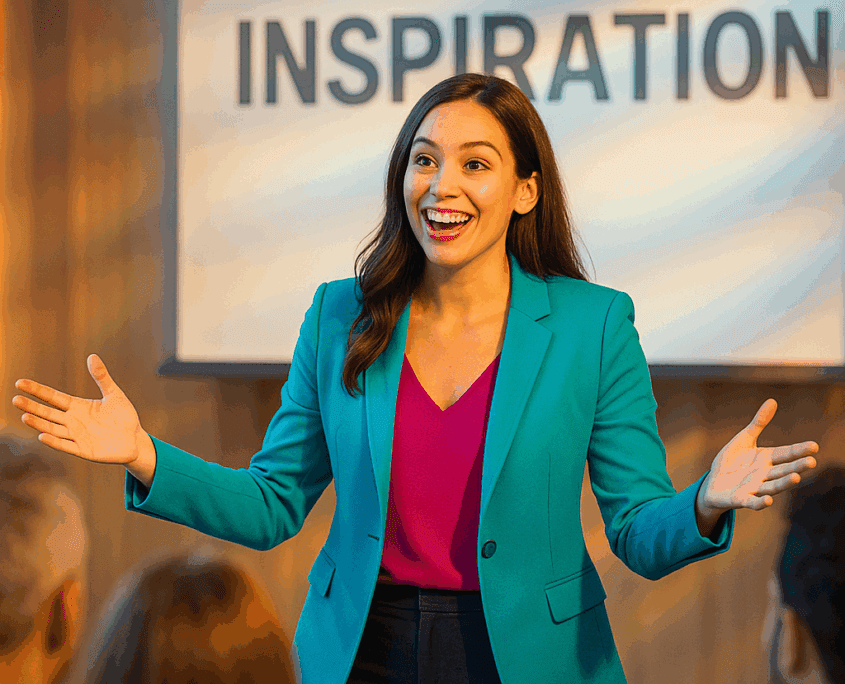 Eine Frau in einem blaugrünen Blazer und einem magentafarbenen Oberteil spricht energisch zu einem Publikum und verwendet dabei Techniken, um das Publikum zu begeistern, während sie vor einem Bildschirm steht, auf dem das Wort „INSPIRATION“ angezeigt wird.
