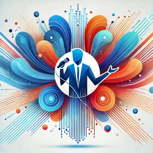 Eine stilisierte Illustration eines Mannes im Anzug, der ein Mikrofon hält, umgeben von leuchtend blauen und orangefarbenen abstrakten Formen und Linien, die nach außen strahlen und eine dynamische Rede oder Performance symbolisieren.