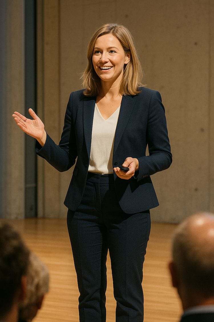 Eine Frau in einem marineblauen Anzug und weißer Bluse steht in einem Raum, lächelt und gestikuliert mit einer Hand, während sie eine Fernbedienung hält, und scheint eine Präsentation mit einer Checkliste zur Vorbereitung einer Präsentation zu halten.